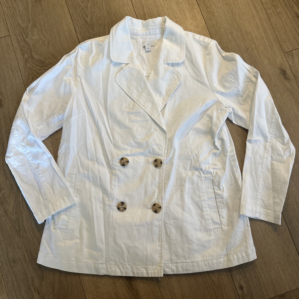 New J Jill Womens Blazer Small White Cotton Linen Blend Double‎ Breasted Jacket